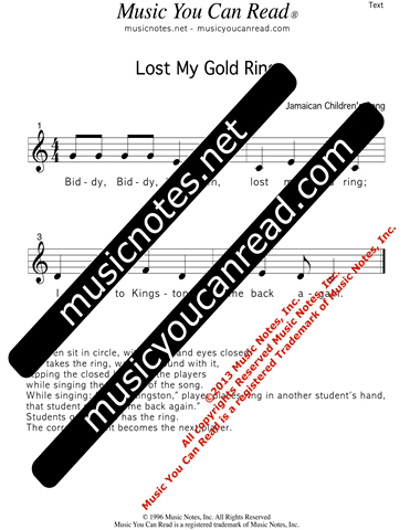 "Lost My Gold Ring" Lyrics, Text Format