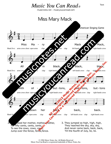 "Miss Mary Mack" Lyrics, Text Format