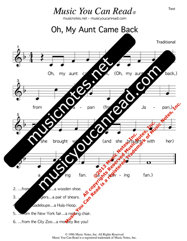 "My Aunt Came Back" Lyrics, Text Format
