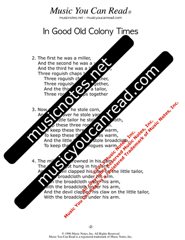 "In Good Old Colony Times," Lyrics, Text Format