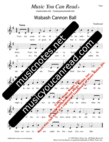 "Wabash Cannon Ball," Lyrics, Text Format